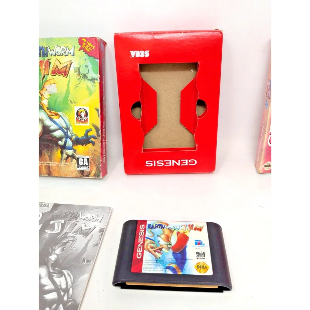Lot 2 Earthworm Jim 1 + 2 - Sega Genesis Cardboard Box, & Cartridge, Manual